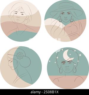 Sfondi eleganti con eleganti ritratti di Line Art: Design minimalista con foglie tropicali e volti femminili su superfici calde e terrose Illustrazione Vettoriale