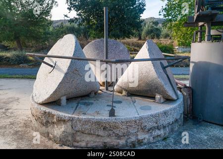 Macchine per la macinazione della pietra utilizzate nella produzione di olio d'oliva vecchio stile, costituite da tre pietre coniche, Spagna Foto Stock