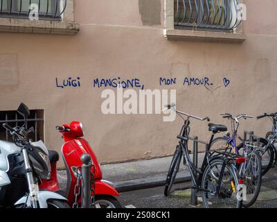 Graffiti Pro-Luigi Mangione a Lione, Francia. Visto il 21 dicembre 2024. Foto Stock