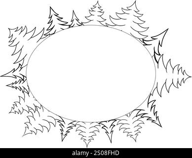 Cornice ovale albero pino in stile linea grafica. Modello vettoriale buon Natale testo scritto a mano. Per le intestazioni, i banner e i poster delle feste. Illustrazione Vettoriale