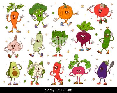 Simpatici personaggi di verdure. Cartoon Vector giocherellone verdure carote, broccoli, zucca, pomodoro e aglio, zucchine, lattuga, barbabietola, cetrioli o avocado. Cavolfiore, pepe, cibi sani di ravanello Illustrazione Vettoriale