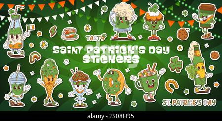 Confezione di adesivi per i personaggi delle festività natalizie Groovy Saint Patrick Day. Bibite e dolcetti cartoni animati che celebrano tra scintillanti rocce verdi, arcobaleni e trifoglio. Patch per le celebrazioni del St. Patricks Day Illustrazione Vettoriale