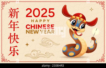 Serpente cartoni animati con fuochi d'artificio, striscione lunare cinese di Capodanno in una cornice vettoriale con motivo di nodo fortunato asiatico. Calendario dell'anno lunare zodiaco serpente o personaggio drago con scintillio sullo sfondo delle onde orientali Illustrazione Vettoriale