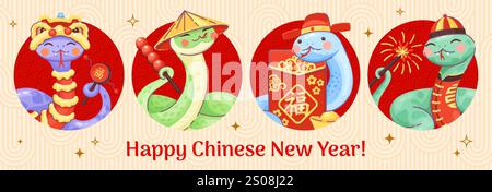 Il nuovo anno lunare cinese serpente personaggi collage per le festività asiatiche, sfondo vettoriale. Biglietto di auguri per il buon anno cinese con serpenti divertenti in costume di Hanfu con fuochi d'artificio e busta rossa di hongbao Illustrazione Vettoriale
