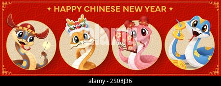 Banner cinese per Capodanno lunare con cartoni animati divertenti personaggi di serpenti, collage vettoriale. Felice Capodanno cinese saluto per le festività asiatiche o calendario dell'anno lunare con serpenti in maschera drago con monete d'oro Illustrazione Vettoriale