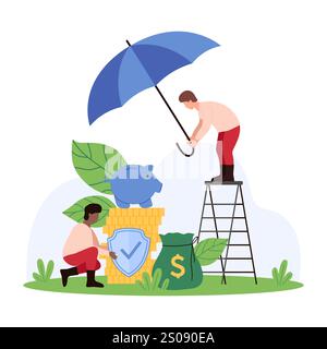 Protezione per risparmi di denaro, assicurazione. Piccole persone che hanno un ombrello e uno scudo su una pila di monete d'oro e salvadanaio per proteggere le attività dal rischio e dalle crisi finanziarie illustrazioni dei vettori dei cartoni animati Illustrazione Vettoriale