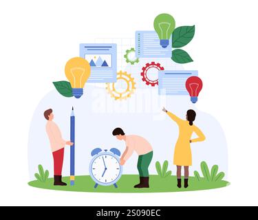 Lavoro di squadra aziendale, analisi e report sui dati della ricerca creativa sui progetti. Le persone più piccole con matita e orologio lavorano con grafici statistici, lampadine e attrezzature sull'illustrazione vettoriale dei cartoni animati del cruscotto Illustrazione Vettoriale