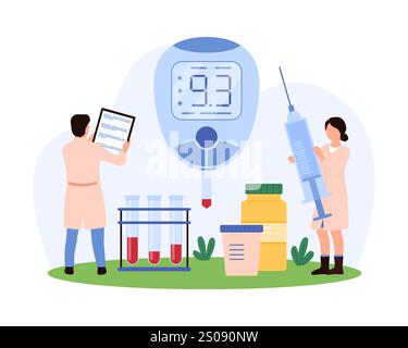 Scienziati che monitorano il diabete con tecnologie avanzate. Uno registra i dati su una clipboard, un altro gestisce una siringa grande e un glucometro visualizza l'illustrazione del vettore dei risultati. Illustrazione Vettoriale