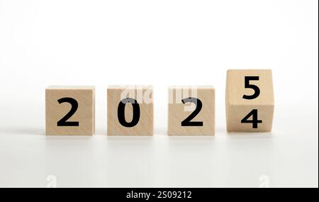 2025 in testo su cubi di legno su sfondo bianco Foto Stock