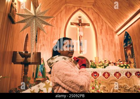 I devoti cristiani posano per una fotografia all'interno della chiesa cattolica della Sacra famiglia durante le celebrazioni natalizie a Srinagar, Jammu e Kashmir, il 25 dicembre 2024. (Foto di Danish Showkat/Sipa USA) Foto Stock