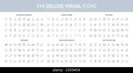 Set di icone della linea di controllo remoto per elettrodomestici intelligenti. Attrezzature per la casa, prodotti alimentari e cucina in cucina con utensili e utensili sottili simboli neri del contorno illustrazione vettoriale Illustrazione Vettoriale
