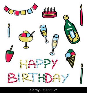 Set di icone Doodle per feste di compleanno. Elementi colorati piatti isolati su sfondo bianco. Illustrazione Vettoriale