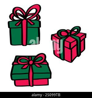 Scatole regalo colorate disegnate a mano con avvolgimenti a nastro, rosse e verdi, isolate su sfondo bianco. Doodle Flat color presenta. Illustrazione Vettoriale