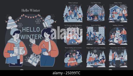 Ciao set invernale. Una celebrazione delle attività invernali, dal rilassamento della cabina accogliente ai mercatini festivi. Affascinanti scene di strade innevate, pattinaggio su ghiaccio e bevande calde. Illustrazione vettoriale. Illustrazione Vettoriale