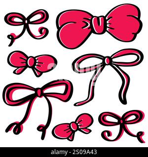 Set di diversi fiocchi per il nastro doodle. Archi di seta disegnati a mano. Nastri regalo alla moda, decorazioni in scatola per regali natalizi. Illustrazione Vettoriale