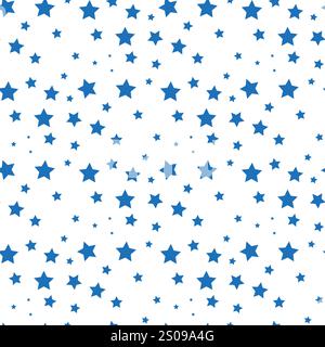 Schema a stella. Sfondo vettoriale senza cuciture: Stelle a cinque punte blu, grigie e bianche su sfondo bianco Illustrazione Vettoriale