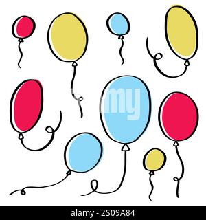 Doodle palloncini colorati in stile piatto. Un sacco di palloncini per il compleanno o la festa. Mongolfiera volante con corda. Illustrazione Vettoriale