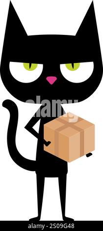 Divertente gatto nero cartoni animati con testa grande, naso rosa e occhi verdi. Scatola di cartone Cat Hold, spedizione online. Perfetto per biglietti d'auguri o qualsiasi design Illustrazione Vettoriale