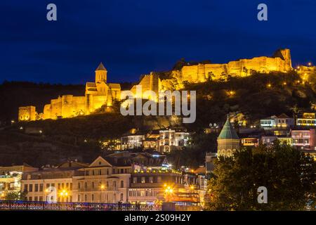 Tbilisi, Georgia - 06 settembre 2019: Veduta della Fortezza di Narikala di notte. Illuminazione Beautifil. Foto Stock