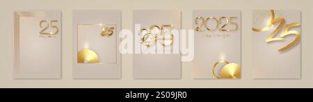 Set card 2025: Texture oro felice anno nuovo, sfondo beige elegante e moderno, elementi per calendario, biglietti di auguri o a tema natalizio Illustrazione Vettoriale