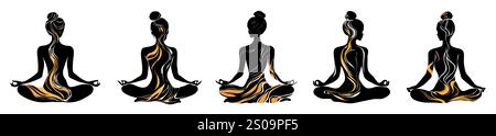 Silhuette femminile in meditazione. Figura pacifica in posa di loto yoga. Clipart moderno e isolato su sfondo trasparente. Foto Stock