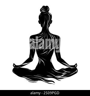 Silhuette femminile in meditazione. Figura pacifica in posa di loto yoga. Clipart moderno e isolato su sfondo trasparente. Foto Stock
