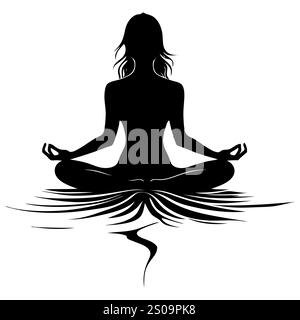 Silhuette femminile in meditazione. Figura pacifica in posa di loto yoga. Clipart moderno e isolato su sfondo trasparente. Foto Stock