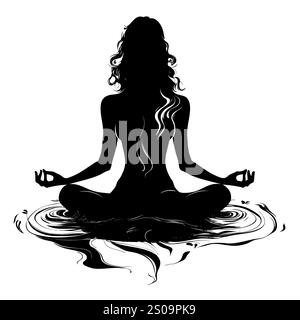 Silhuette femminile in meditazione. Figura pacifica in posa di loto yoga. Clipart moderno e isolato su sfondo trasparente. Foto Stock
