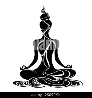 Silhuette femminile in meditazione. Figura pacifica in posa di loto yoga. Clipart moderno e isolato su sfondo trasparente. Foto Stock
