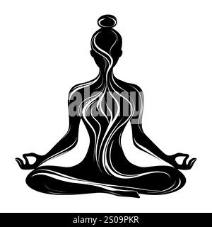Silhuette femminile in meditazione. Figura pacifica in posa di loto yoga. Clipart moderno e isolato su sfondo trasparente. Foto Stock