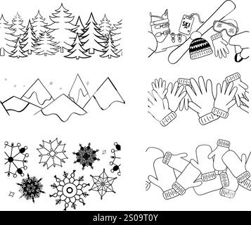 Un set di confini perfetti per gli sport invernali. Linee grafiche sagome di pini, montagne, fiocchi di neve, attrezzatura da sci linee grafiche vettoriali Illustrazione Vettoriale