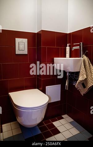 Un angolo bagno minimalista presenta piastrelle rosse profonde, WC a parete e lavandino quadrato con rubinetto moderno che enfatizza la funzionalità. Foto Stock