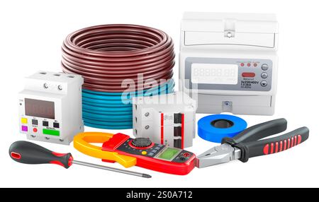 Apparecchiature e attrezzi elettrici. Rendering 3D isolato su sfondo bianco Foto Stock