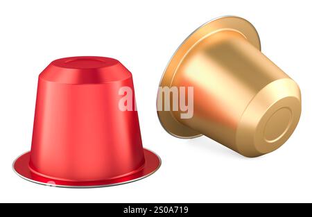 Contenitori per caffè da una tazza. Capsule e cialde per macchina da caffè. Rendering 3D isolato su sfondo bianco Foto Stock