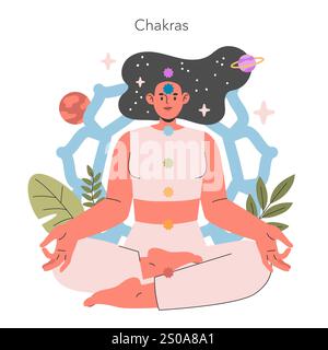 Concetto di pratiche spirituali. Illustrazione di una persona che medita con chakra allineati ed elementi cosmici, simboleggiando la pace e l'equilibrio interiori. Illustrazione vettoriale. Illustrazione Vettoriale