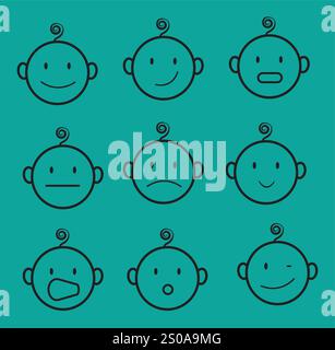 I volti del bambino mostrano emozioni diverse: Felicità, tristezza, sorpresa e altro ancora Illustrazione Vettoriale