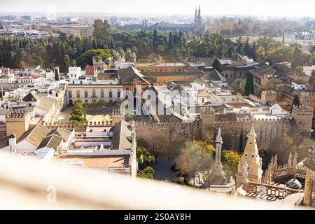Una vista della città di Siviglia, della Spagna, dell'edificio reale Alcazar e dei giardini dal campanile della cattedrale, noto come la Giralda. Foto Stock