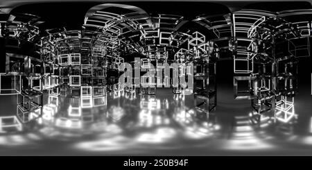 360 rendering vr 3d di Uno spazio futuristico e astratto pieno di cubi luminosi e trasparenti e forme geometriche. L'ambiente è illuminato Foto Stock