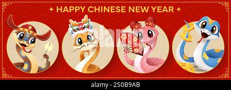 Banner cinese per Capodanno lunare con cartoni animati divertenti personaggi di serpenti, collage vettoriale. Felice Capodanno cinese saluto per le festività asiatiche o calendario dell'anno lunare con serpenti in maschera drago con monete d'oro Illustrazione Vettoriale