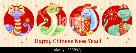 Il nuovo anno lunare cinese serpente personaggi collage per le festività asiatiche, sfondo vettoriale. Biglietto di auguri per il buon anno cinese con serpenti divertenti in costume di Hanfu con fuochi d'artificio e busta rossa di hongbao Illustrazione Vettoriale