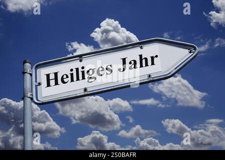 Wegweiser nach oben mit Schriftzug Heiliges Jahr Wegweiser nach oben mit Schriftzug Heiliges Jahr, 27.12.2024, Borkwalde, Brandeburgo, Fotomontage: Auf einem Wegweiser befindet sich der Schriftzug Heiliges Jahr. *** Signpost che punta verso l'alto con le parole anno Santo Signpost che punta verso l'alto con le parole anno Santo, 27 12 2024, Borkwalde, Brandeburgo, fotomontaggio un cartello porta le parole anno Santo Foto Stock