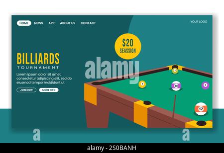 Design della landing page dei social media con gioco di biliardo in stile Flat Cartoon Illustrazione Vettoriale