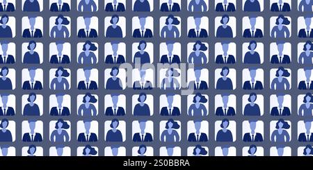 Molti avatar blu per gli utenti texture, sfondo mosaico con righe di persone, simboli dei volti - disegno a griglia applicabile come base per cartelloni, poster Illustrazione Vettoriale