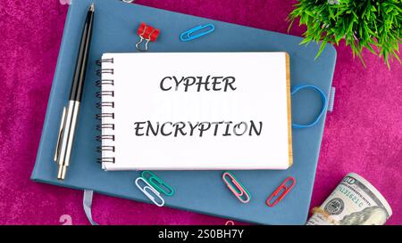 Il concetto di tecnologia e sviluppo. Il concetto DI CRITTOGRAFIA CYPHER in un mini notebook di un libro aziendale, vista dall'alto. Copia spazio. Foto Stock