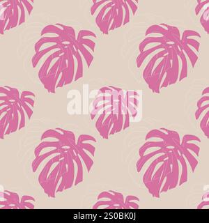 Motivo con foglie di monstera di colore rosa, morbido sfondo beige pastello in tessuto. Illustrazione vettoriale Illustrazione Vettoriale