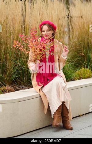 Una donna che indossa un berretto rosso e un cappotto elegante gode di un pomeriggio tranquillo nel parco, tenendo in mano le colorate foglie autunnali. L'ambientazione è caratterizzata da alti gras Foto Stock