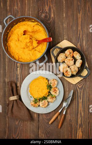 Un pasto sostanzioso con crema di zucca e polpette di tacchino, elegantemente placcate su un rustico tavolo in legno, vista dall'alto Foto Stock