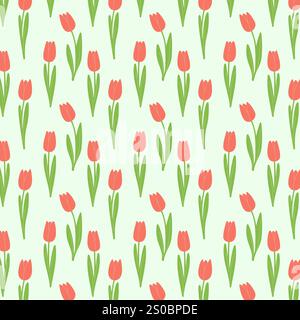 Motivo primaverile con tulipi, fiori disegnati a mano con foglie, su morbido sfondo verde. Giardino primaverile. Illustrazione vettoriale Illustrazione Vettoriale