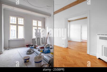 Camera prima della ristrutturazione, interni vuoti nell'edificio vecchio Foto Stock