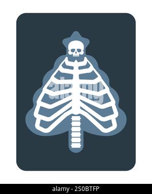 Radiografia di un albero di Natale. Nuovo anno anatomico: Ossa e cranio. Costole e spina dorsale. Poster concettuale delle vacanze per medici e radiologi. Illustrazione Vettoriale